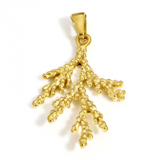 Picture of 1 Piece Vacuum Plating 304 Stainless Steel Pendants 18K Gold Plated Pine Needles 3D 4.1cm x 2.3cm