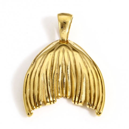 Picture of 1 Piece Vacuum Plating 304 Stainless Steel Charm Pendant 18K Gold Plated Fishtail 3D 28mm x 20mm