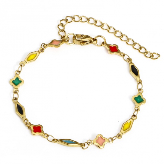 Picture of 1 Piece Eco-friendly Vacuum Plating 304 Stainless Steel Handmade Link Chain Bracelets 18K Gold Color Multicolor Geometric Double-sided Enamel 16cm(6 2/8") long
