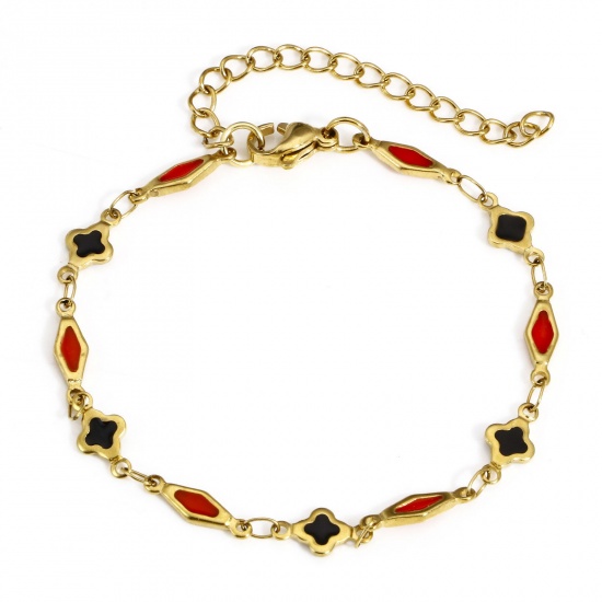 Picture of 1 Piece Eco-friendly Vacuum Plating 304 Stainless Steel Handmade Link Chain Bracelets 18K Gold Color Black & Red Geometric Double-sided Enamel 16cm(6 2/8") long
