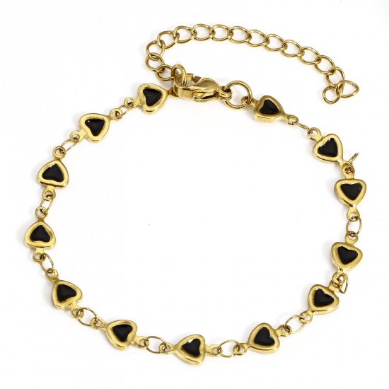 Picture of 1 Piece Eco-friendly Vacuum Plating 304 Stainless Steel Valentine's Day Handmade Link Chain Bracelets 18K Gold Color Black Heart Double-sided Enamel 17cm(6 6/8") long