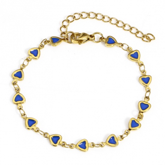 Picture of 1 Piece Eco-friendly Vacuum Plating 304 Stainless Steel Valentine's Day Handmade Link Chain Bracelets 18K Gold Color Royal Blue Heart Double-sided Enamel 17cm(6 6/8") long