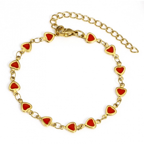 Picture of 1 Piece Eco-friendly Vacuum Plating 304 Stainless Steel Valentine's Day Handmade Link Chain Bracelets 18K Gold Color Red Heart Double-sided Enamel 17cm(6 6/8") long