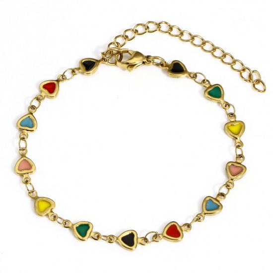 Picture of 1 Piece Vacuum Plating 304 Stainless Steel Valentine's Day Handmade Link Chain Bracelets 18K Gold Plated Multicolor Heart Double-sided Enamel 17cm(6 6/8") long