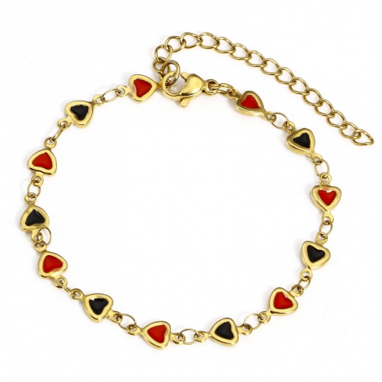 Picture of 1 Piece Vacuum Plating 304 Stainless Steel Valentine's Day Handmade Link Chain Bracelets 18K Gold Plated Black & Red Heart Double-sided Enamel 17cm(6 6/8") long