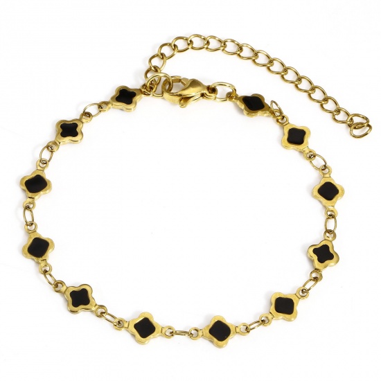 Immagine di 1 Pz Placcatura Sottovuoto 304 Acciaio Inossidabile Catena a Maglia Fatta a Mano Braccialetti Placcato Oro 18K Nero Quadrilatero Smalto a Doppia Faccia 16.5cm Lunghezza