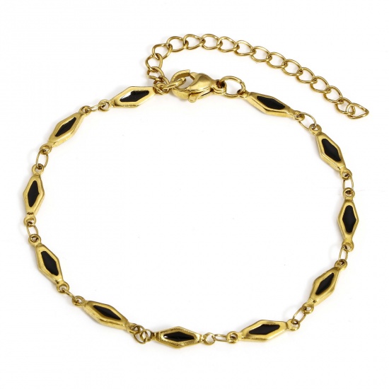 Immagine di 1 Pz Placcatura Sottovuoto 304 Acciaio Inossidabile Catena a Maglia Fatta a Mano Braccialetti Placcato Oro 18K Nero Rombo Smalto a Doppia Faccia 17.5cm Lunghezza