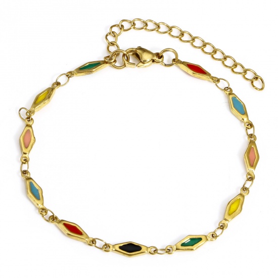 Picture of 1 Piece Eco-friendly PVD Vacuum Plating 304 Stainless Steel Handmade Link Chain Bracelets 18K Gold Plated Multicolor Rhombus Double-sided Enamel 17.5cm(6 7/8") long