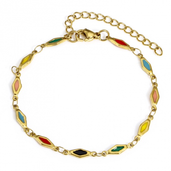 Immagine di 1 Pz Placcatura Sottovuoto 304 Acciaio Inossidabile Catena a Maglia Fatta a Mano Braccialetti Placcato Oro 18K Multicolore Rombo Smalto a Doppia Faccia 17.5cm Lunghezza