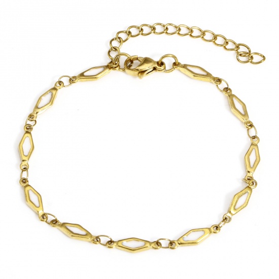 Picture of 1 Piece Eco-friendly PVD Vacuum Plating 304 Stainless Steel Handmade Link Chain Bracelets 18K Gold Plated White Rhombus Double-sided Enamel 17.5cm(6 7/8") long
