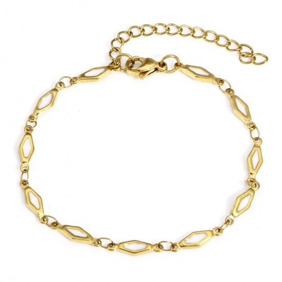 Immagine di 1 Pz Placcatura Sottovuoto 304 Acciaio Inossidabile Catena a Maglia Fatta a Mano Braccialetti Placcato Oro 18K Bianco Rombo Smalto a Doppia Faccia 17.5cm Lunghezza