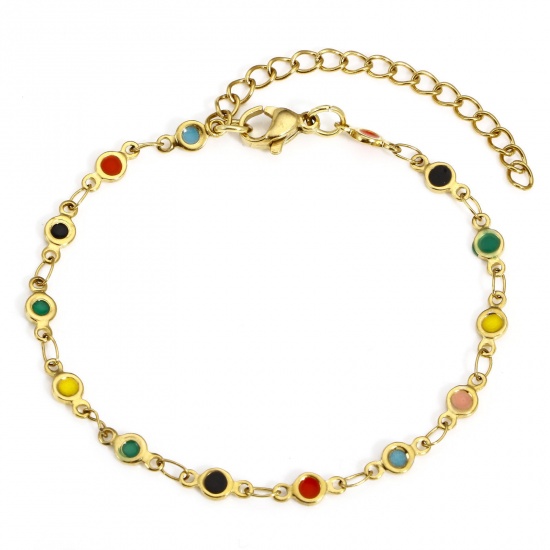 Picture of 1 Piece Eco-friendly Vacuum Plating 304 Stainless Steel Handmade Link Chain Bracelets 18K Gold Color Multicolor Heart Double-sided Enamel 17cm(6 6/8") long