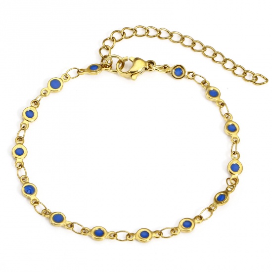 Picture of 1 Piece Eco-friendly Vacuum Plating 304 Stainless Steel Handmade Link Chain Bracelets 18K Gold Color Royal Blue Heart Double-sided Enamel 17cm(6 6/8") long