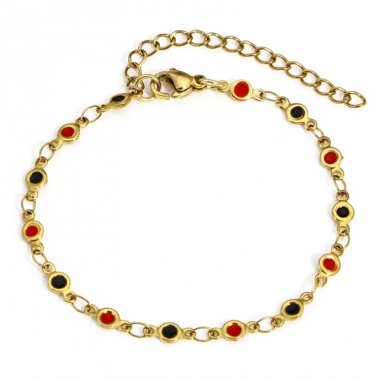 Picture of 1 Piece Vacuum Plating 304 Stainless Steel Handmade Link Chain Bracelets 18K Gold Plated Black & Red Heart Double-sided Enamel 17cm(6 6/8") long