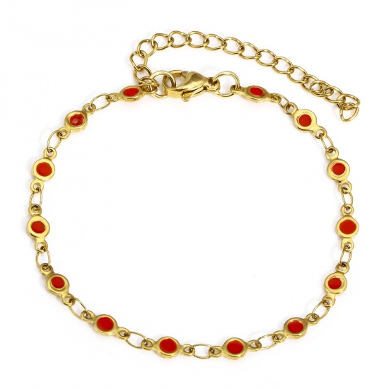 Picture of 1 Piece Vacuum Plating 304 Stainless Steel Handmade Link Chain Bracelets 18K Gold Plated Red Heart Double-sided Enamel 17cm(6 6/8") long