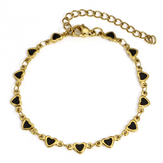Immagine di 1 Pz Placcatura Sottovuoto PVD Ecologica 304 Acciaio Inossidabile San Valentino Catena a Maglia Fatta a Mano Braccialetti Placcato Oro 18K Nero Cuore Smalto a Doppia Faccia 16.5cm Lunghezza