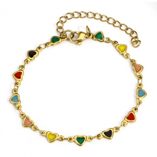 Immagine di 1 Pz Placcatura Sottovuoto 304 Acciaio Inossidabile San Valentino Catena a Maglia Fatta a Mano Braccialetti Placcato Oro 18K Multicolore Cuore Smalto a Doppia Faccia 16.5cm Lunghezza