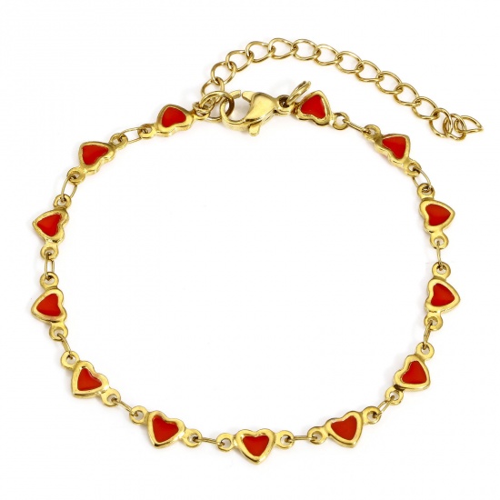 Immagine di 1 Pz Placcatura Sottovuoto PVD Ecologica 304 Acciaio Inossidabile San Valentino Catena a Maglia Fatta a Mano Braccialetti Placcato Oro 18K Rosso Cuore Smalto a Doppia Faccia 16.5cm Lunghezza