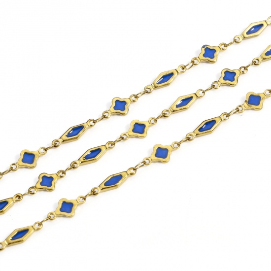 Picture of 1 M Vacuum Plating 304 Stainless Steel Double-sided Enamel Handmade Link Chain For Handmade DIY Jewelry Making Findings Geometric 18K Gold Plated Royal Blue 6mm