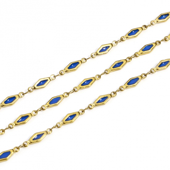 Picture of 1 M Eco-friendly Vacuum Plating 304 Stainless Steel Handmade Link Chain For Handmade DIY Jewelry Making Findings Rhombus 18K Gold Color Royal Blue Double-sided Enamel 4mm