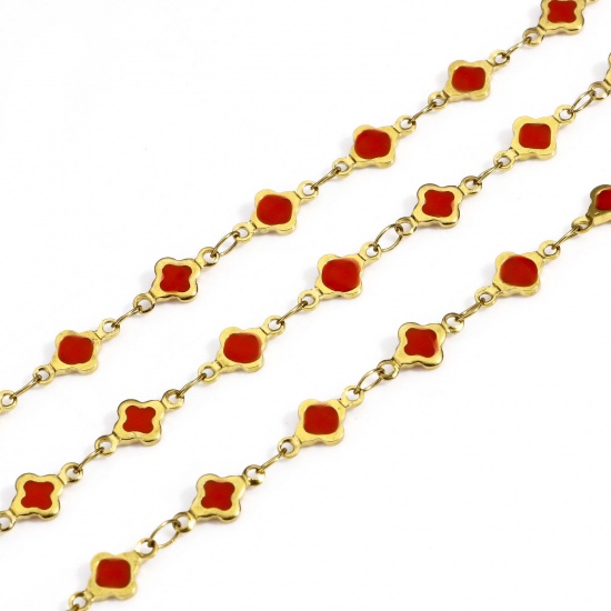 Picture of 1 M Eco-friendly Vacuum Plating 304 Stainless Steel Handmade Link Chain For Handmade DIY Jewelry Making Findings Quadrilateral 18K Gold Color Red Double-sided Enamel 6mm