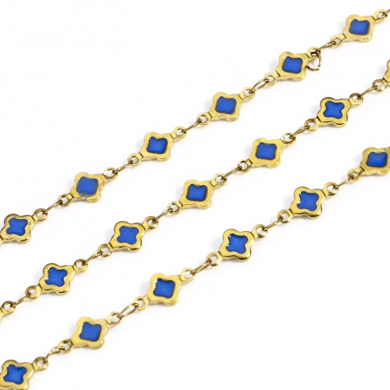 Picture of 1 M Eco-friendly Vacuum Plating 304 Stainless Steel Handmade Link Chain For Handmade DIY Jewelry Making Findings Quadrilateral 18K Gold Color Royal Blue Double-sided Enamel 6mm