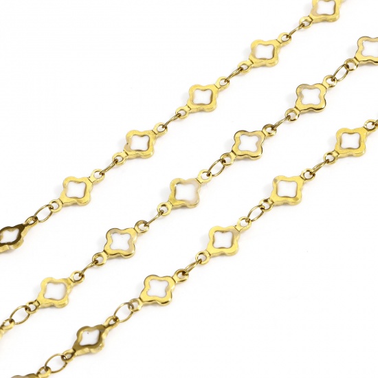 Picture of 1 M Eco-friendly Vacuum Plating 304 Stainless Steel Handmade Link Chain For Handmade DIY Jewelry Making Findings Quadrilateral 18K Gold Color White Double-sided Enamel 6mm