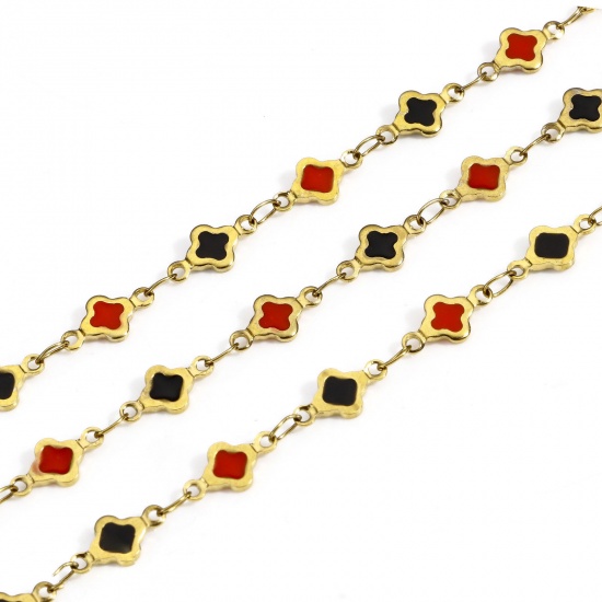 Picture of 1 M Eco-friendly Vacuum Plating 304 Stainless Steel Handmade Link Chain For Handmade DIY Jewelry Making Findings Quadrilateral 18K Gold Color Black & Red Double-sided Enamel 6mm