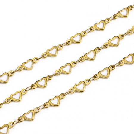 Picture of 1 M Vacuum Plating 304 Stainless Steel Valentine's Day Double-sided Enamel Handmade Link Chain For Handmade DIY Jewelry Making Findings Heart 18K Gold Plated 5mm