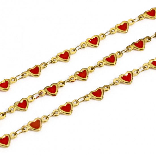 Picture of 1 M Eco-friendly Vacuum Plating 304 Stainless Steel Valentine's Day Handmade Link Chain For Handmade DIY Jewelry Making Findings Heart 18K Gold Color Red Double-sided Enamel 5mm