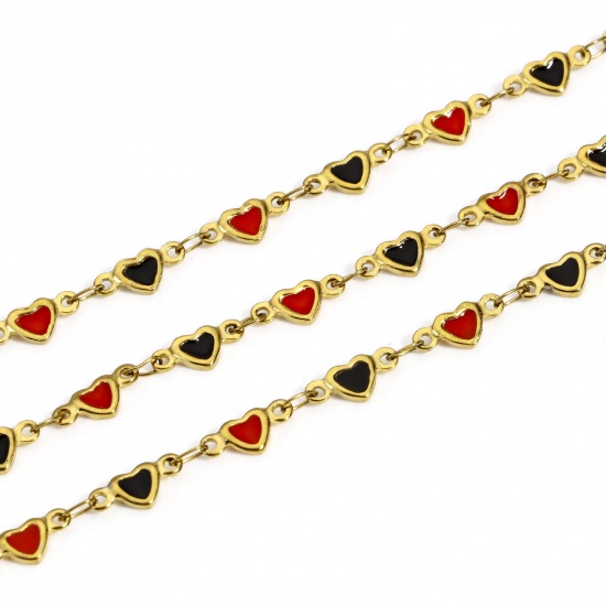 Picture of 1 M Eco-friendly Vacuum Plating 304 Stainless Steel Valentine's Day Handmade Link Chain For Handmade DIY Jewelry Making Findings Heart 18K Gold Color Black & Red Double-sided Enamel 5mm