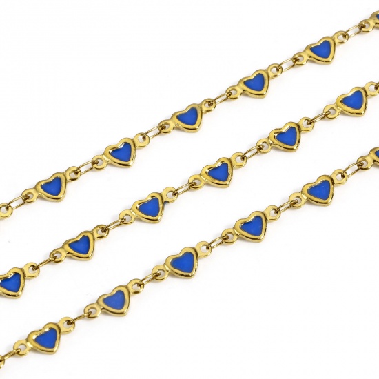 Picture of 1 M Eco-friendly Vacuum Plating 304 Stainless Steel Valentine's Day Handmade Link Chain For Handmade DIY Jewelry Making Findings Heart 18K Gold Color Royal Blue Double-sided Enamel 5mm