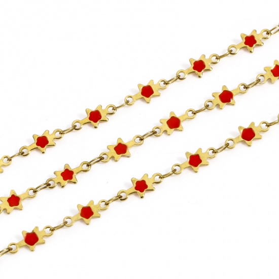 Picture of 1 M Eco-friendly Vacuum Plating 304 Stainless Steel Galaxy Handmade Link Chain For Handmade DIY Jewelry Making Findings Star 18K Gold Color Red Double-sided Enamel 5mm