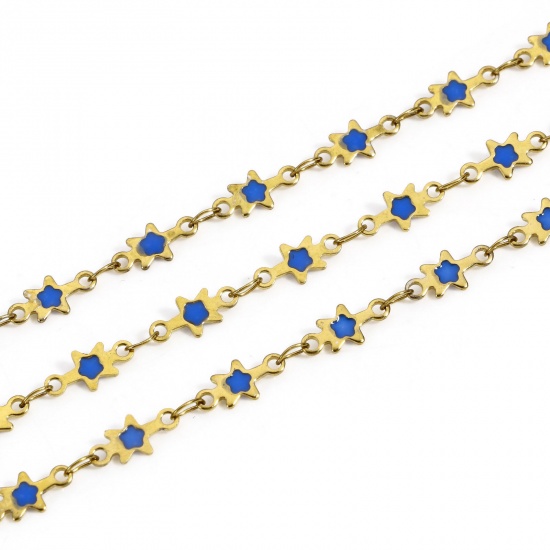 Picture of 1 M Eco-friendly Vacuum Plating 304 Stainless Steel Galaxy Handmade Link Chain For Handmade DIY Jewelry Making Findings Star 18K Gold Color Royal Blue Double-sided Enamel 5mm