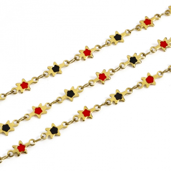 Picture of 1 M Eco-friendly Vacuum Plating 304 Stainless Steel Galaxy Handmade Link Chain For Handmade DIY Jewelry Making Findings Star 18K Gold Color Black & Red Double-sided Enamel 5mm