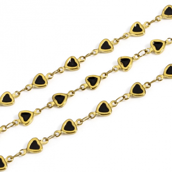 Picture of 1 M Vacuum Plating 304 Stainless Steel Valentine's Day Double-sided Enamel Handmade Link Chain For Handmade DIY Jewelry Making Findings Heart 18K Gold Plated Black 5mm