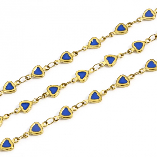Picture of 1 M Vacuum Plating 304 Stainless Steel Valentine's Day Double-sided Enamel Handmade Link Chain For Handmade DIY Jewelry Making Findings Heart 18K Gold Plated Royal Blue 5mm