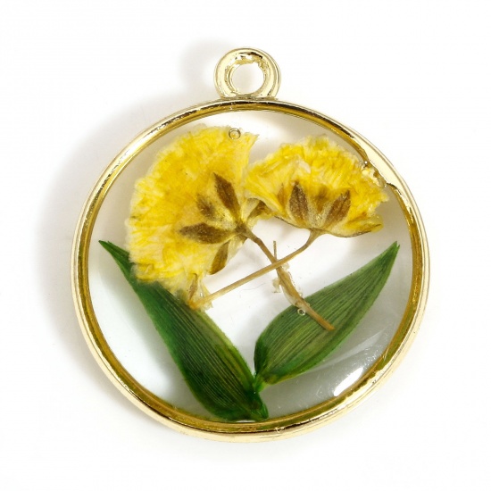 Picture of 2 PCs Handmade Resin Jewelry Real Flower Charms Round Flower Gold Plated Yellow 22mm x 19mm