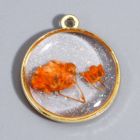 Picture of 2 PCs Handmade Resin Jewelry Real Flower Charms Round Flower Gold Plated Orange 22mm x 19mm