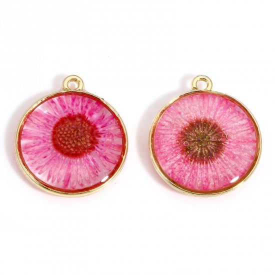 Picture of 2 PCs Handmade Resin Jewelry Real Flower Charms Round Flower Gold Plated Pink 22mm x 19mm