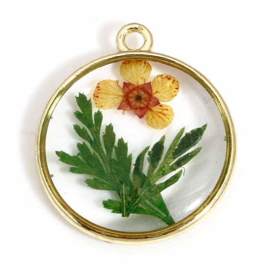 Picture of 2 PCs Handmade Resin Jewelry Real Flower Charms Round Flower Gold Plated Green 22mm x 19mm