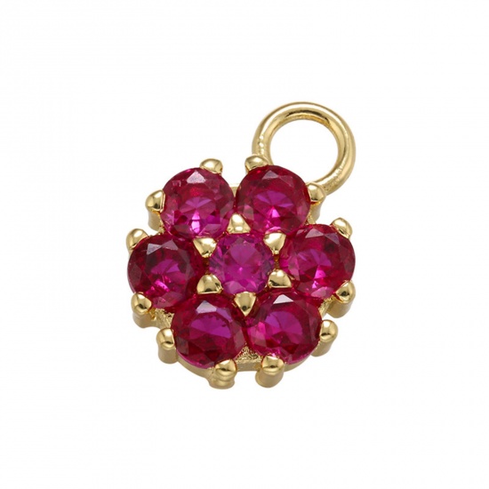 Picture of 1 Piece Brass Charms Gold Plated Flower Fuchsia Cubic Zirconia 14.5mm x 11mm                                                                                                                                                                                  