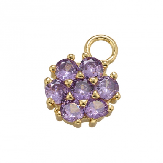 Picture of 1 Piece Brass Charms Gold Plated Flower Purple Cubic Zirconia 14.5mm x 11mm                                                                                                                                                                                   