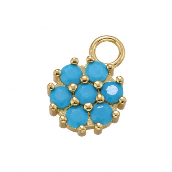 Picture of 1 Piece Brass Charms Gold Plated Flower Blue Cubic Zirconia 14.5mm x 11mm                                                                                                                                                                                     