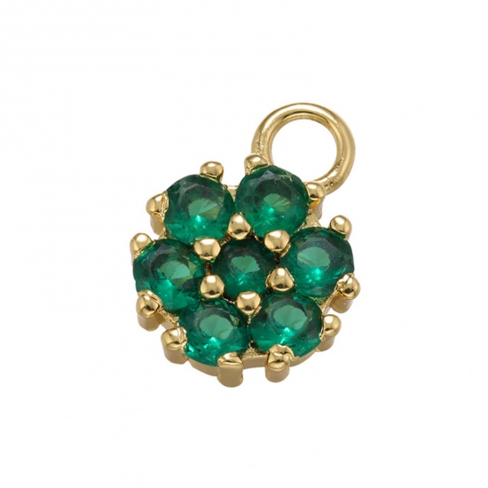 Picture of 1 Piece Brass Charms Gold Plated Flower Green Cubic Zirconia 14.5mm x 11mm                                                                                                                                                                                    