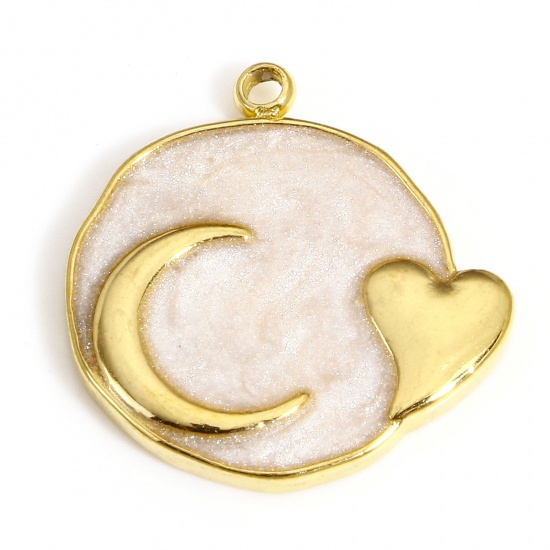 Picture of 1 Piece 304 Stainless Steel Galaxy Charms Gold Plated White Round Heart Enamel 17.5mm x 17mm