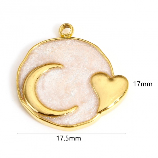 Picture of 1 Piece 304 Stainless Steel Galaxy Disc Charms Gold Plated White Round Heart Enamel 17.5mm x 17mm