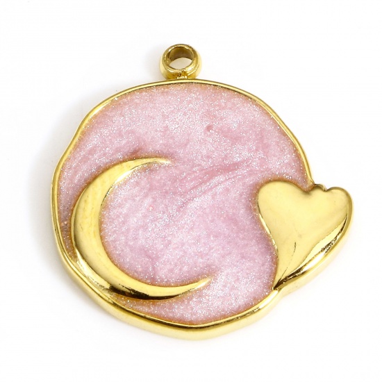 Picture of 1 Piece 304 Stainless Steel Galaxy Charms Gold Plated Pink Round Heart Enamel 17.5mm x 17mm