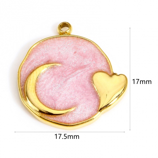 Picture of 1 Piece 304 Stainless Steel Galaxy Disc Charms Gold Plated Pink Round Heart Enamel 17.5mm x 17mm
