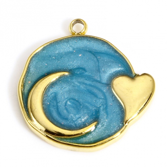 Picture of 1 Piece 304 Stainless Steel Galaxy Charms Gold Plated Light Blue Round Heart Enamel 17.5mm x 17mm